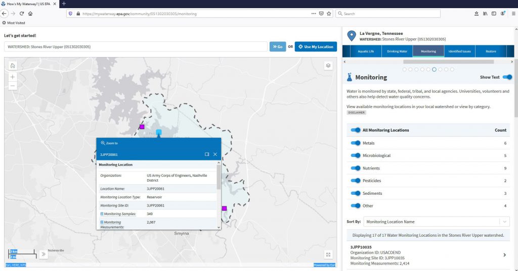 This screenshot of How’s My Waterway shows the J. Percy Priest Reservoir in Tennessee with sampling location data originating from CEC senior project manager Gerald Burnette’s software.